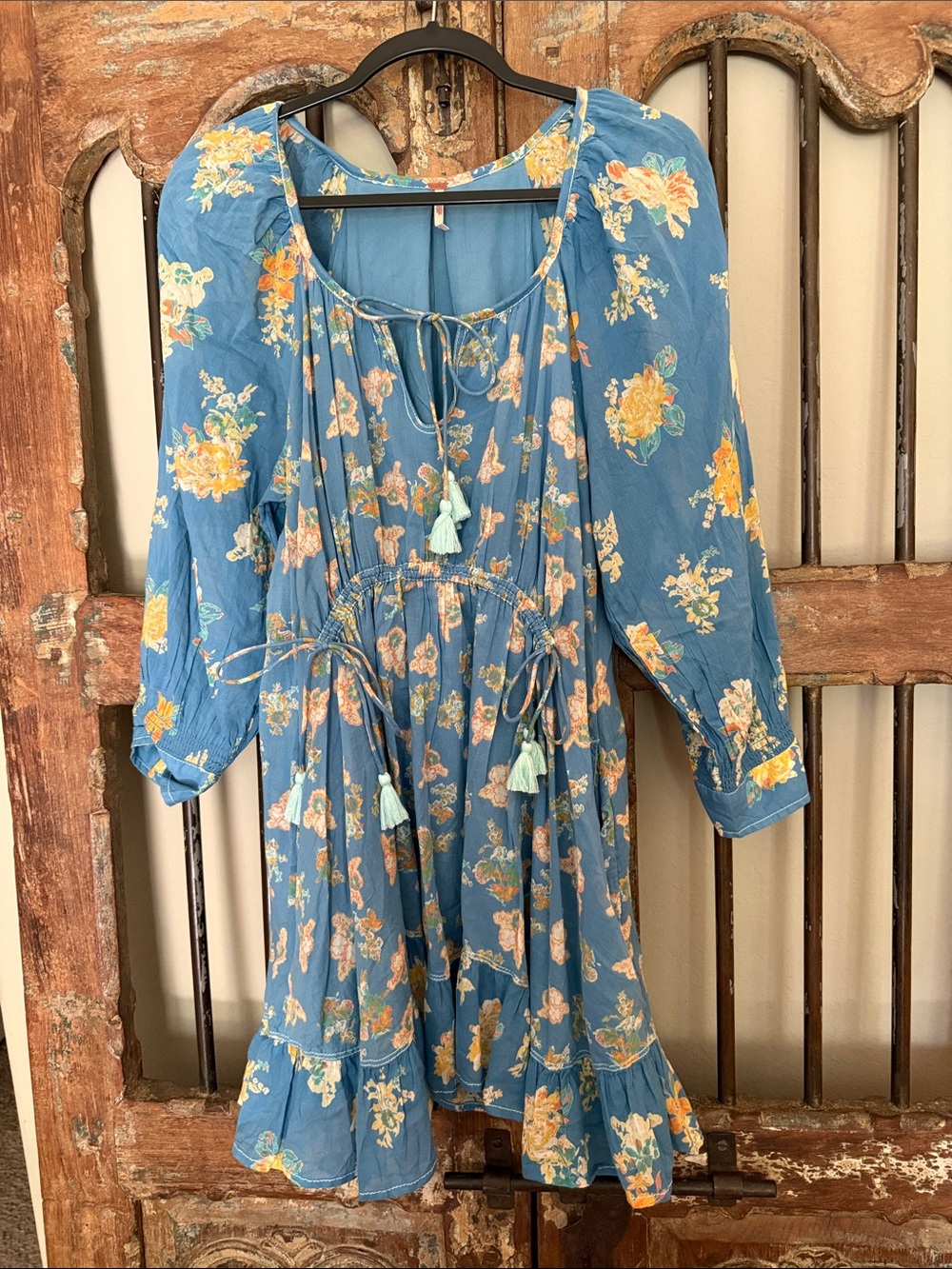 Free People Blue Floral Peasant Tunic with Tassel Ties